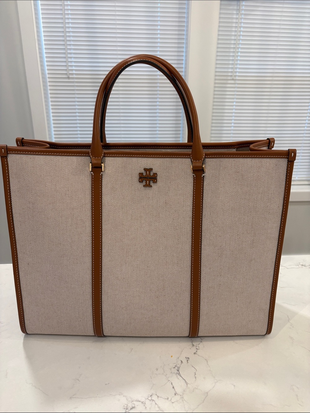 Like New Tory Burch Beige Canvas Tote with Tan Leather Trim and Gold logo
